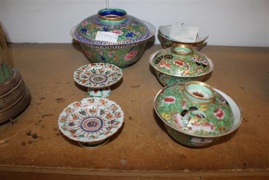 Chinese Canton enamel decorated porcelain - 4 bowls & covers (1 a/f) & 2 pedestal dishes
